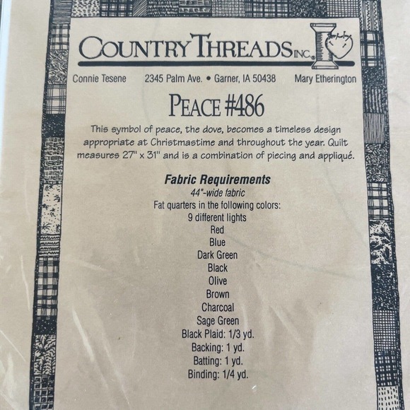 Country Threads Quilt Pattern Peace #486 Dove Vintage 2001 Size 27 in X 31 in - Picture 5 of 5